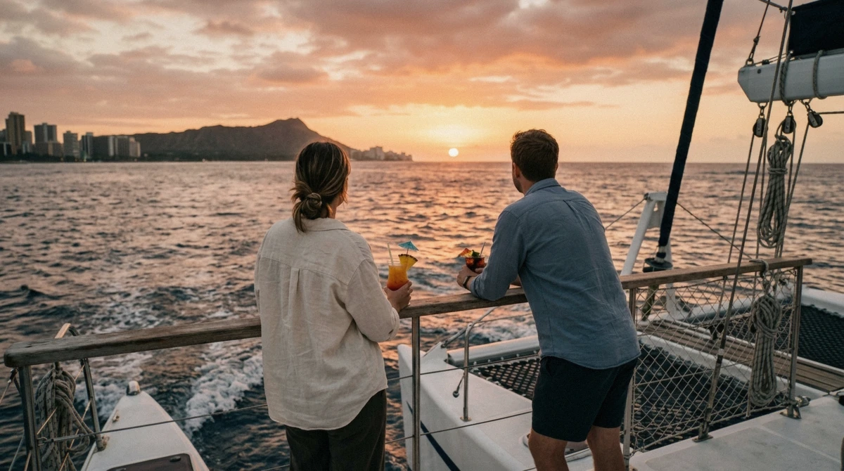 Catamaran deck with a live DJ and guests at golden hour on a Waikiki sunset cruise in Honolulu